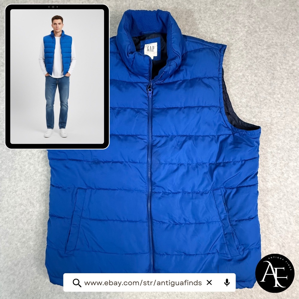 Gap Mens Puffer Vest‎ Royal Blue Quilted Full Zip Fleece Lined Collar XL